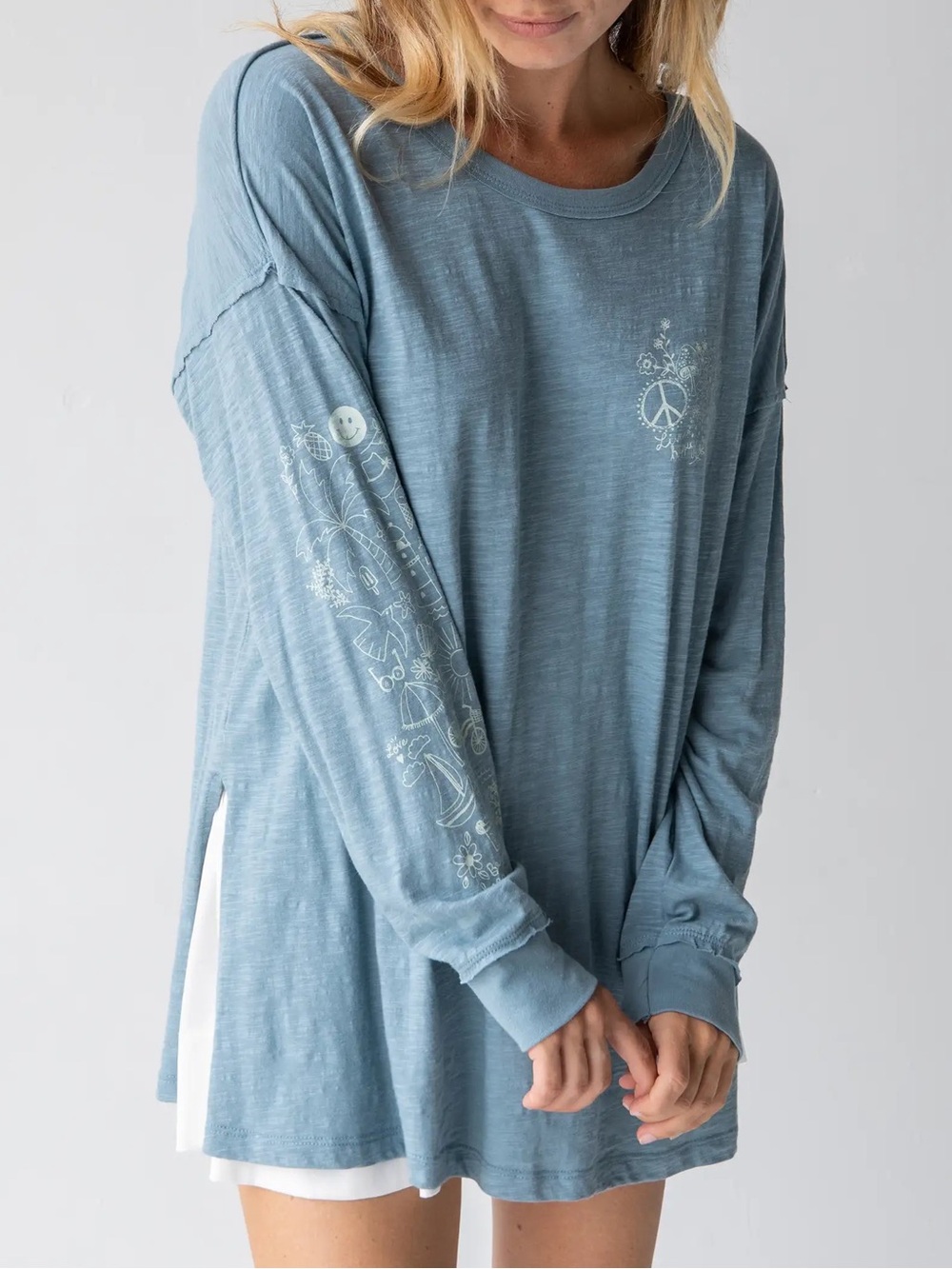 NEW NATURAL LIFE Oversize Cotton Long Sleeve Doodle Graphic Tee Blue M